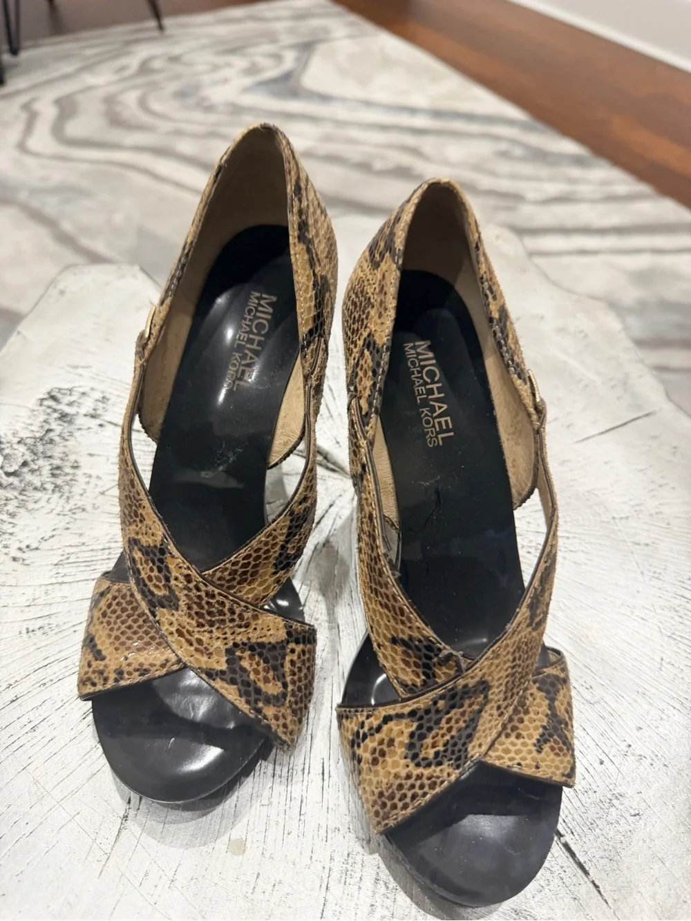 Michael Kors Snake-Print Tan and Black Crisscross Wedge Sandals
